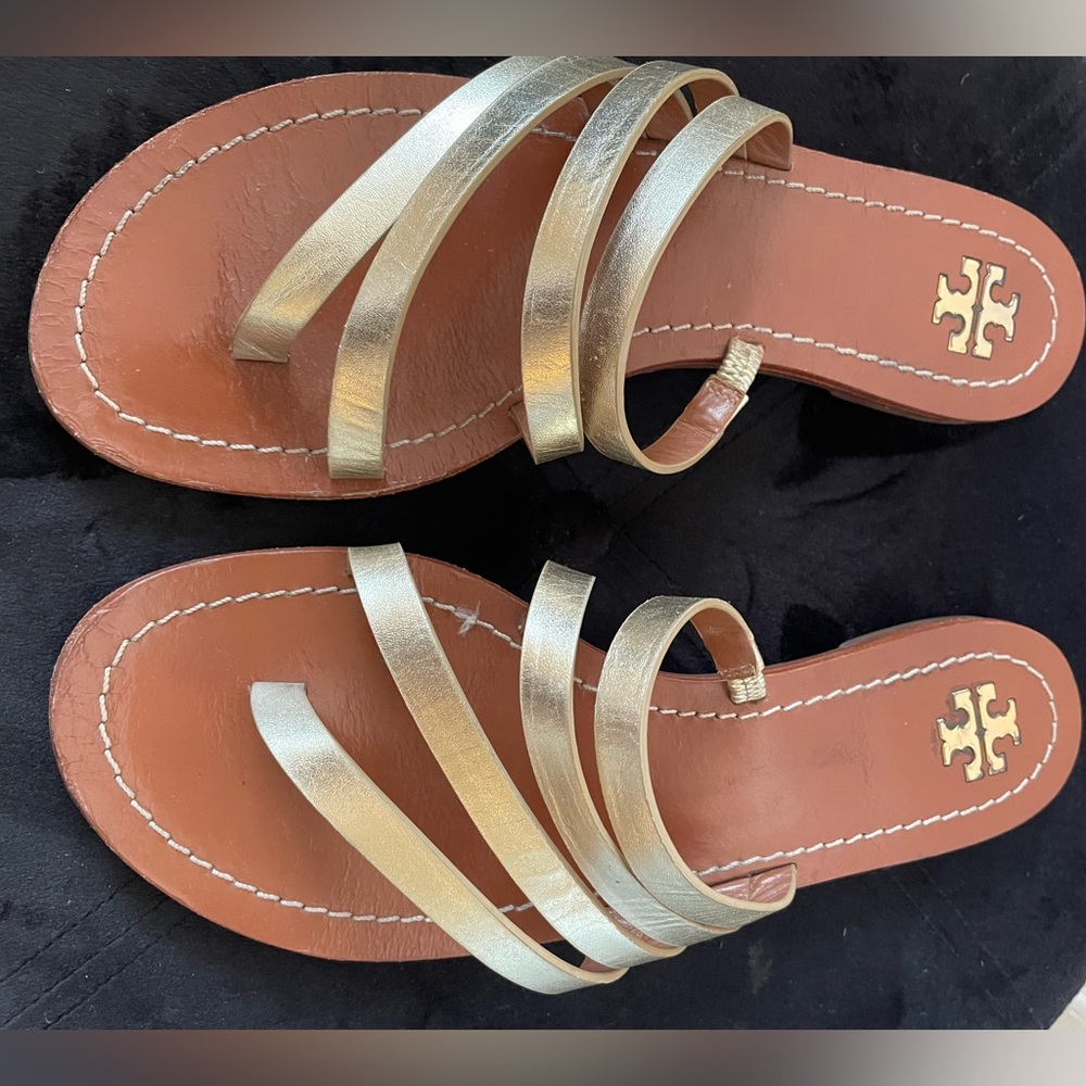 Tory Burch- Metallic Gold Strap Slide Sandals